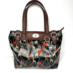 Fossil Key-print  Navy Multi Giraffe Print Leather Tote Coated   15” x 11” x5”
